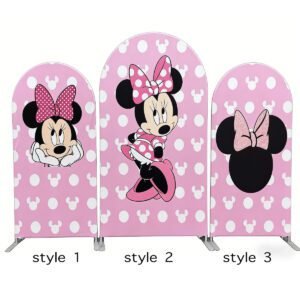 Minnie Mouse Pink Polka Dot Arch Backdrop Cover, Sweet Cartoon Mouse Birthday Party Background, Pink Bow Chiara Wall Decor, Set of 3 Elastic Covers