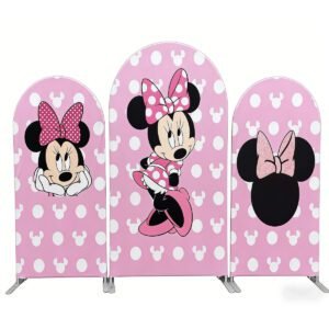 Minnie Mouse Pink Polka Dot Arch Backdrop Cover, Sweet Cartoon Mouse Birthday Party Background, Pink Bow Chiara Wall Decor, Set of 3 Elastic Covers