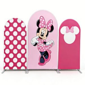 Minnie Mouse Pink Polka Dot Arch Backdrop Cover, Sweet Cartoon Mouse Birthday Party Background, Pink Bow Chiara Wall Decor, Set of 3 Elastic Covers