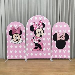 Minnie Mouse Pink Polka Dot Arch Backdrop Cover, Sweet Cartoon Mouse Birthday Party Background, Pink Bow Chiara Wall Decor, Set of 3 Elastic Covers