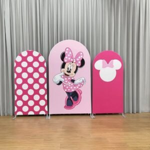 Minnie Mouse Pink Polka Dot Arch Backdrop Cover, Sweet Cartoon Mouse Birthday Party Background, Pink Bow Chiara Wall Decor, Set of 3 Elastic Covers