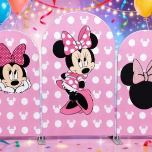 Minnie Mouse Pink Polka Dot Arch Backdrop Cover, Sweet Cartoon Mouse Birthday Party Background, Pink Bow Chiara Wall Decor, Set of 3 Elastic Covers