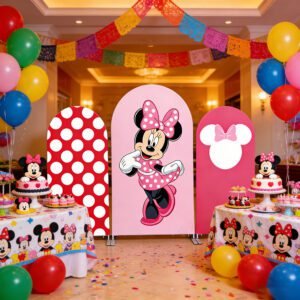 Minnie Mouse Pink Polka Dot Arch Backdrop Cover, Sweet Cartoon Mouse Birthday Party Background, Pink Bow Chiara Wall Decor, Set of 3 Elastic Covers