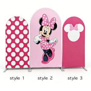 Minnie Mouse Pink Polka Dot Arch Backdrop Cover, Sweet Cartoon Mouse Birthday Party Background, Pink Bow Chiara Wall Decor, Set of 3 Elastic Covers