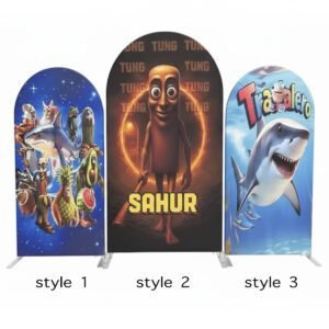 Sahur and Tung Theme Arch Backdrop Cover, Viral Internet Character Party Background, Funny Humanoid Figure Chiara Wall Decor, Set of 3 Elastic Covers