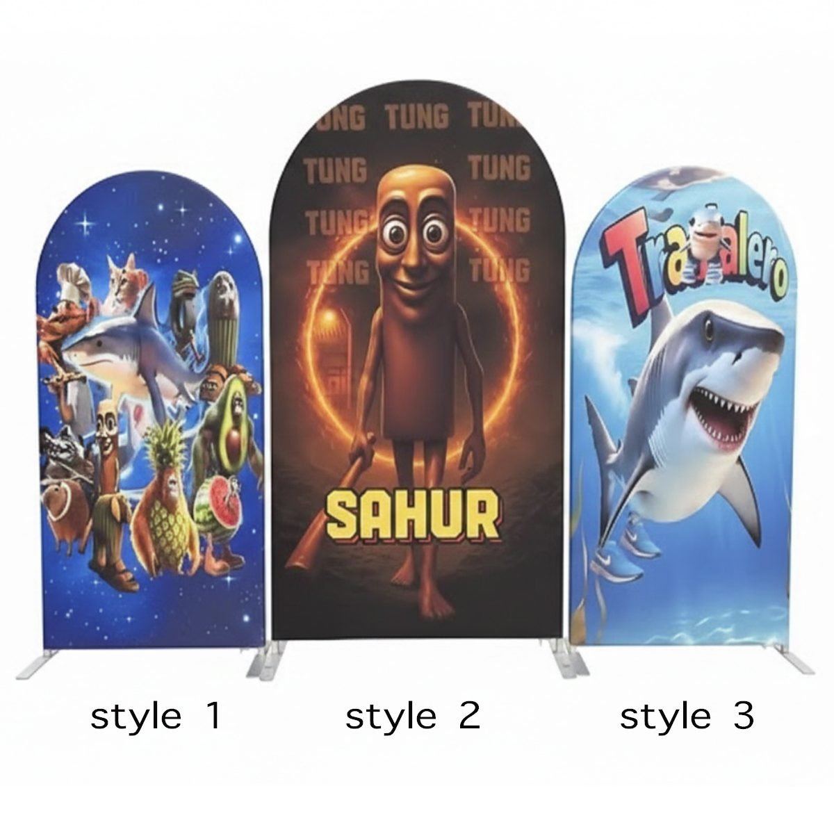 Sahur and Tung Theme Arch Backdrop Cover, Viral Internet Character Party Background, Funny Humanoid Figure Chiara Wall Decor, Set of 3 Elastic Covers Sahur and Tung Theme Arch Backdrop Cover, Viral Internet Character Party Background, Funny Humanoid Figure Chiara Wall Decor, Set of 3 Elastic Covers