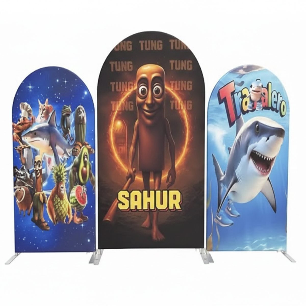 Sahur and Tung Theme Arch Backdrop Cover, Viral Internet Character Party Background, Funny Humanoid Figure Chiara Wall Decor, Set of 3 Elastic Covers Sahur and Tung Theme Arch Backdrop Cover, Viral Internet Character Party Background, Funny Humanoid Figure Chiara Wall Decor, Set of 3 Elastic Covers