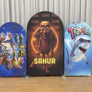 Sahur and Tung Theme Arch Backdrop Cover, Viral Internet Character Party Background, Funny Humanoid Figure Chiara Wall Decor, Set of 3 Elastic Covers
