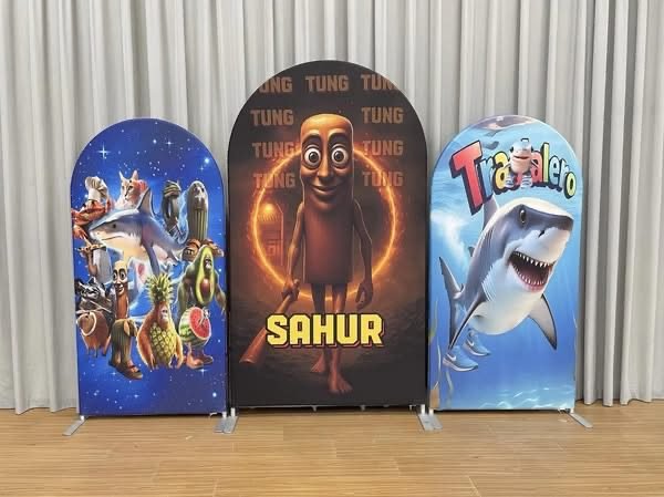 Sahur and Tung Theme Arch Backdrop Cover, Viral Internet Character Party Background, Funny Humanoid Figure Chiara Wall Decor, Set of 3 Elastic Covers Sahur and Tung Theme Arch Backdrop Cover, Viral Internet Character Party Background, Funny Humanoid Figure Chiara Wall Decor, Set of 3 Elastic Covers