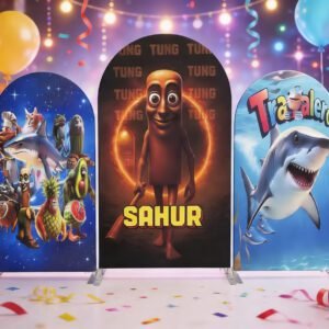 Sahur and Tung Theme Arch Backdrop Cover, Viral Internet Character Party Background, Funny Humanoid Figure Chiara Wall Decor, Set of 3 Elastic Covers