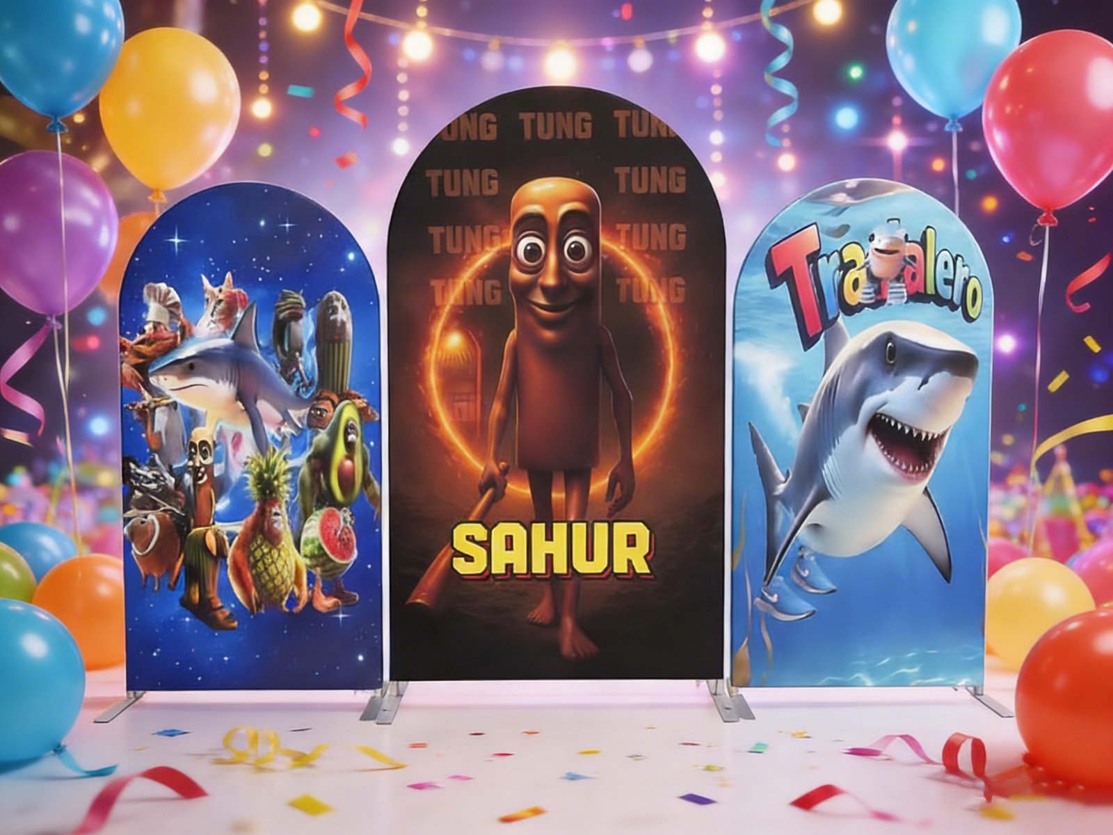 Sahur and Tung Theme Arch Backdrop Cover, Viral Internet Character Party Background, Funny Humanoid Figure Chiara Wall Decor, Set of 3 Elastic Covers Sahur and Tung Theme Arch Backdrop Cover, Viral Internet Character Party Background, Funny Humanoid Figure Chiara Wall Decor, Set of 3 Elastic Covers