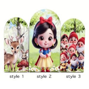 Snow White and the Seven Dwarfs Arch Backdrop Cover, Cute Princess Forest Theme Birthday Background, Woodland Friends Chiara Wall Decor, Set of 3 Elastic Covers