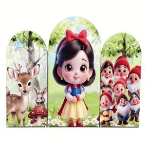 Snow White and the Seven Dwarfs Arch Backdrop Cover, Cute Princess Forest Theme Birthday Background, Woodland Friends Chiara Wall Decor, Set of 3 Elastic Covers