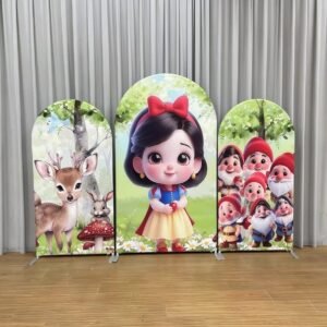 Snow White and the Seven Dwarfs Arch Backdrop Cover, Cute Princess Forest Theme Birthday Background, Woodland Friends Chiara Wall Decor, Set of 3 Elastic Covers